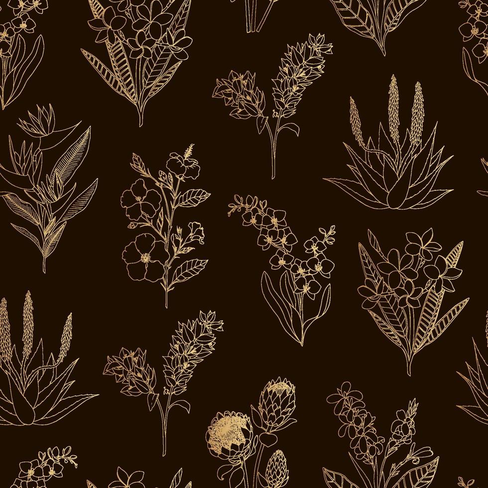 Vector seamless pattern of gold tropical flowers on black background. Hand drawn     floral background. Sketch style tropic design elements