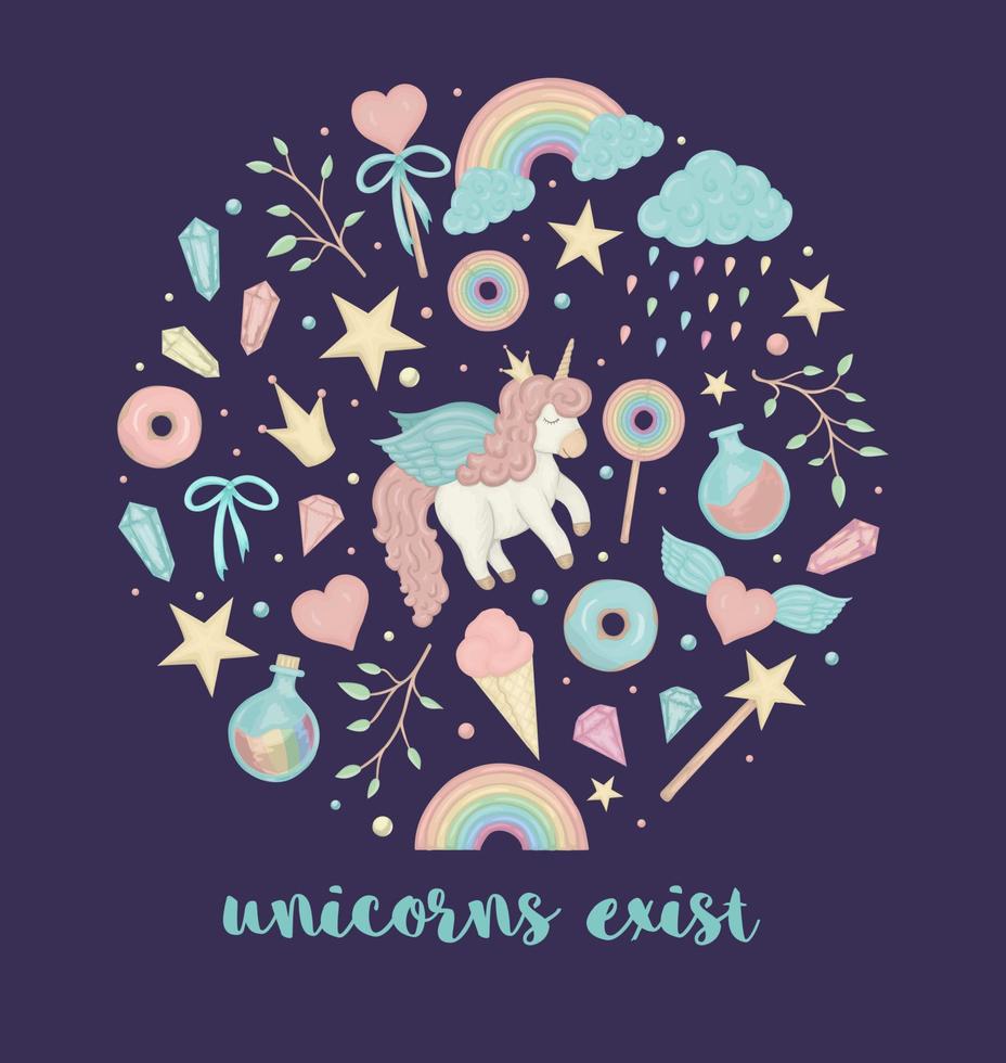 Vector set of cute watercolor style sleeping unicorn, rainbow, clouds, donuts, crown, crystals, hearts on dark purple background. Sweet girlish illustration framed in circle. Fairytale theme