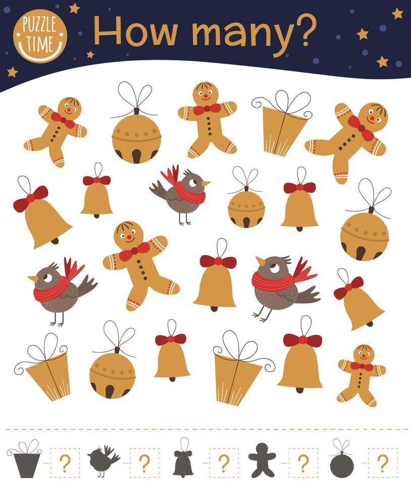Christmas counting game with gingerbread man, bell, present, bird. Winter math activity for preschool children. How many objects worksheet. Educational riddle with cute funny pictures. vector