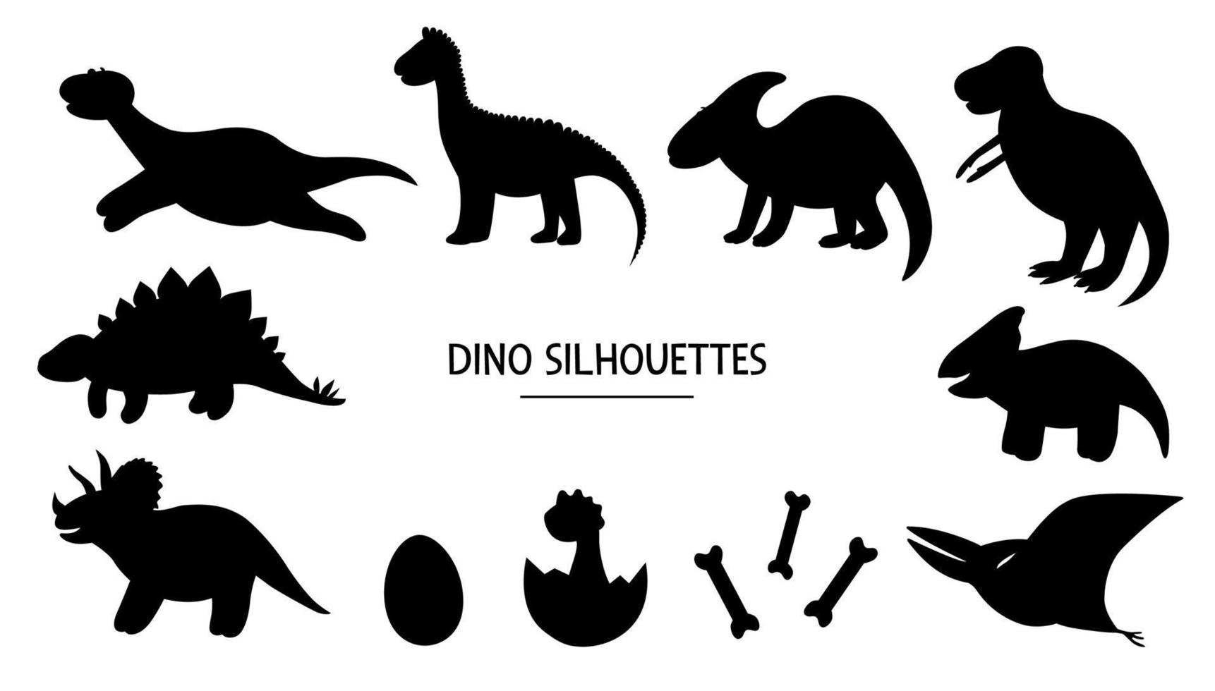 vector conjunto de siluetas de dinosaurios. Ilustración en blanco y negro de dinosaurios. plantillas temáticas prehistóricas lindas divertidas.