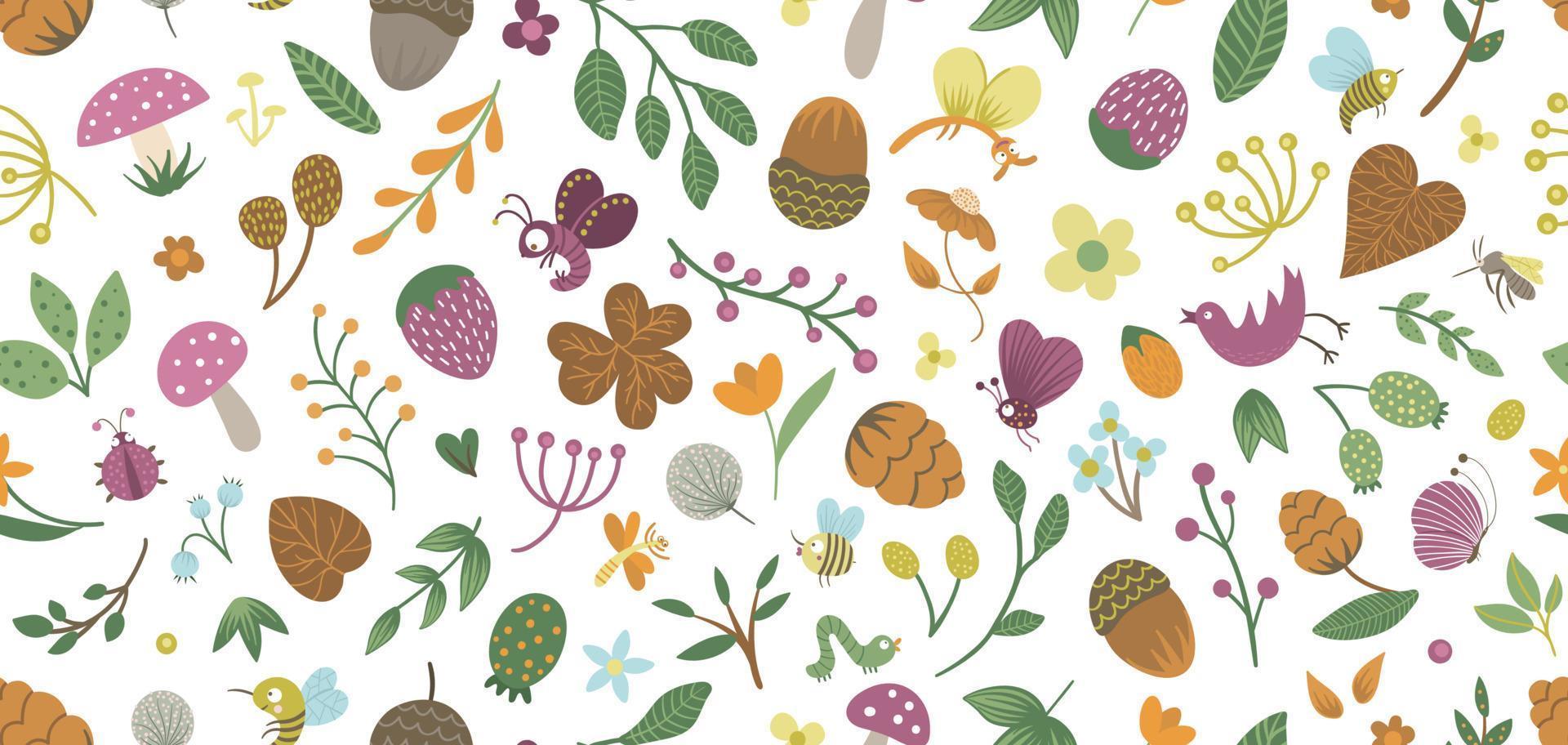 Vector seamless pattern of cute flat woodland insects and plants. Forest elements repeating background. Beautiful childish design for stationery, textile, wallpapers. Funny creatures ornament.