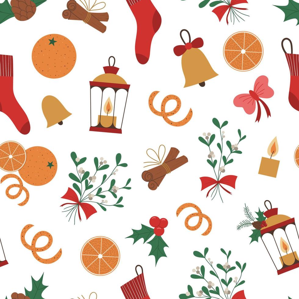 Vector seamless pattern of Christmas elements with lantern, stoking, orange, mistletoe, candle. Cute funny repeat background of new year symbols. Christmas flat style picture for decorations