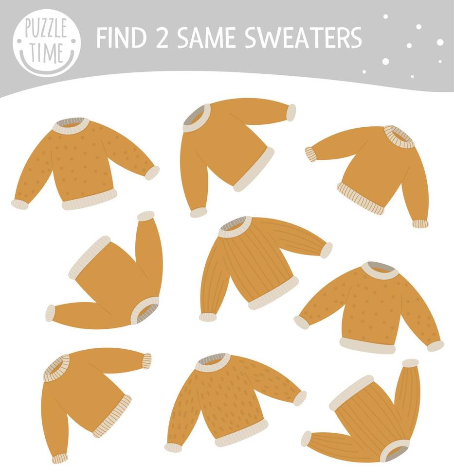 Find two same sweaters. Winter matching activity for preschool children. Funny game for kids with clothes. Logical quiz worksheet. vector