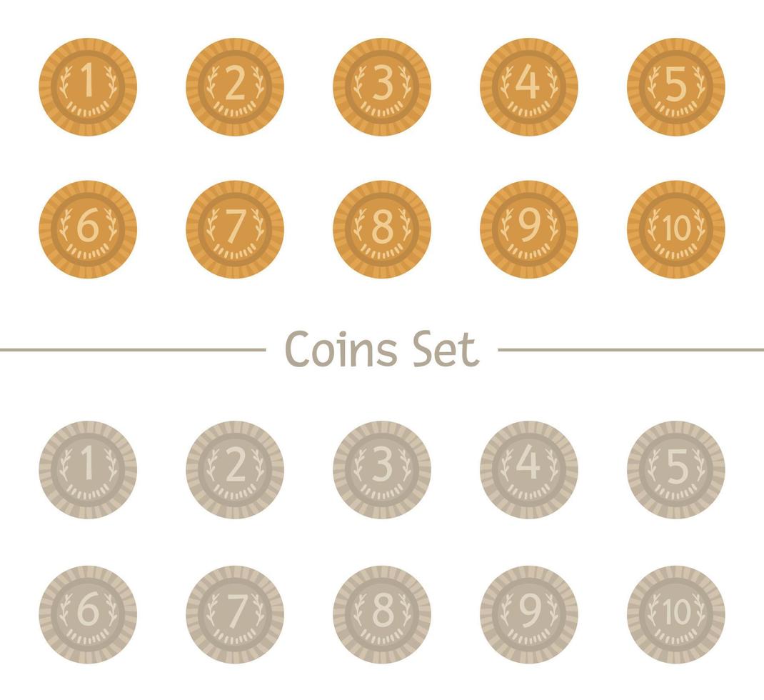 Vector set of cartoon style coins. Silver and gold money symbols isolated on white background. Illustration with numbers for counting, math or business activity.