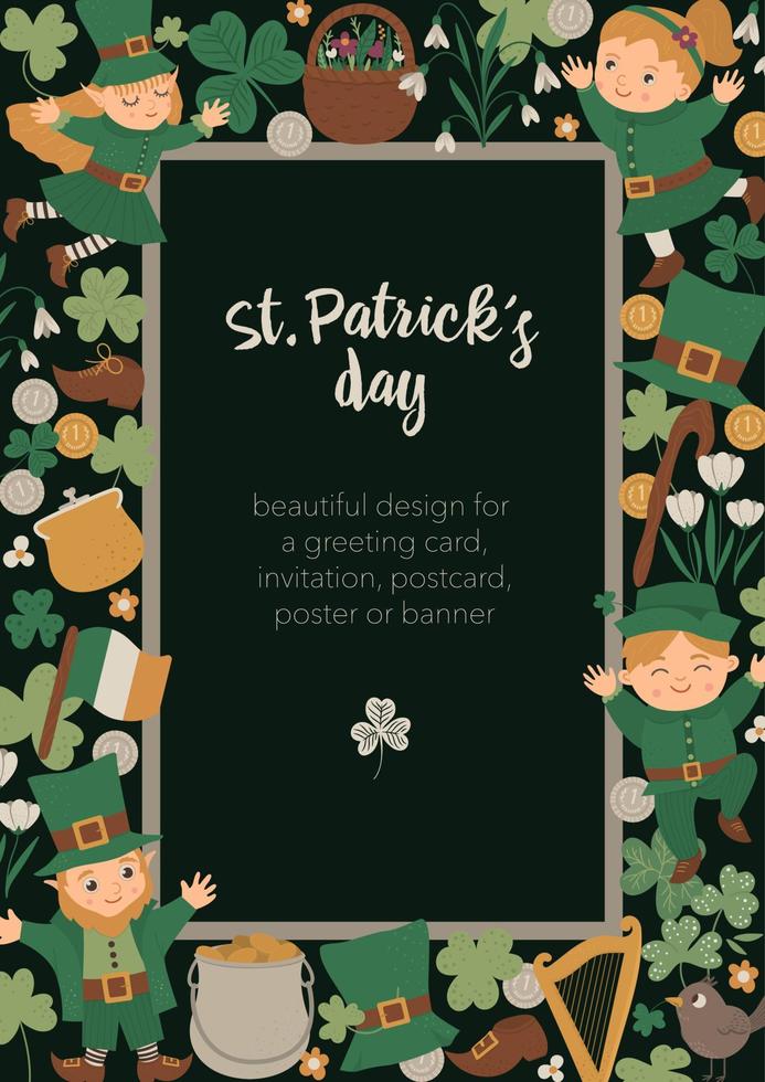 Vector Saint Patrick Day vertical layout frame with leprechaun, shamrock on black background. Irish holiday themed banner or invitation. Cute funny spring card template.