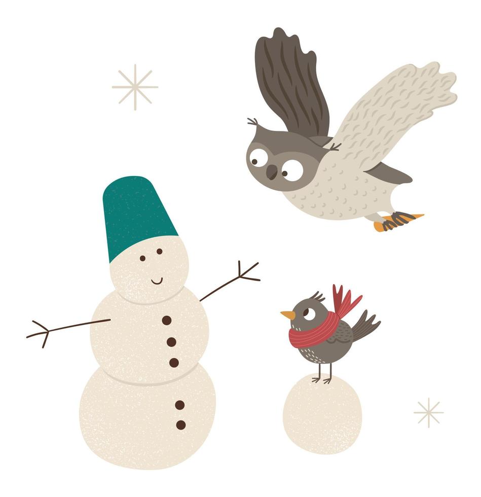 ilustración vectorial de pájaros construyendo muñeco de nieve. lindos animales del bosque haciendo actividades de invierno. personajes divertidos del bosque. vector