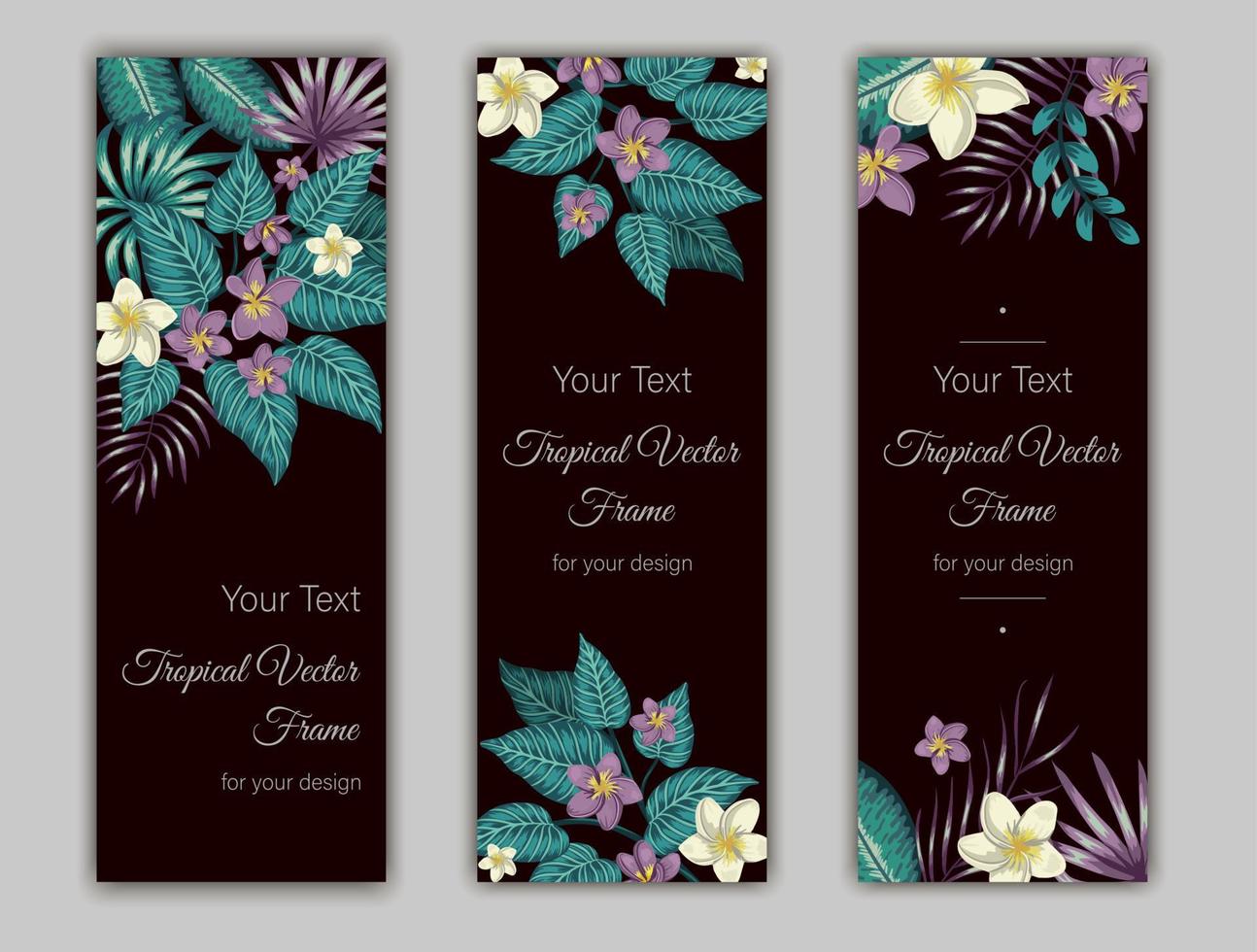 Vector bookmarks with green tropical leaves, plumeria and hibiscus flowers on black background. Summer or spring tropical vertical templates. Trendy exotic jungle design.