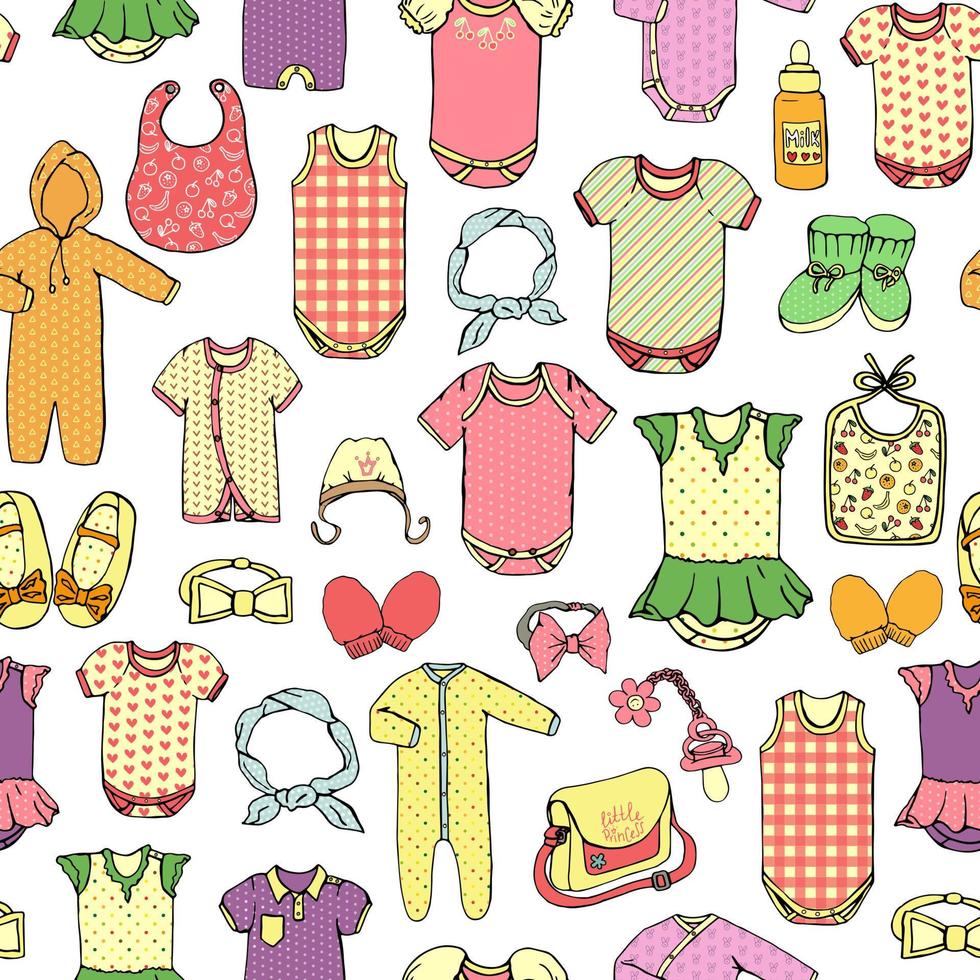 Vector seamless pattern of children's clothes. Bright kids' clothes repeat pattern isolated on white background. Baby girl's outfit set