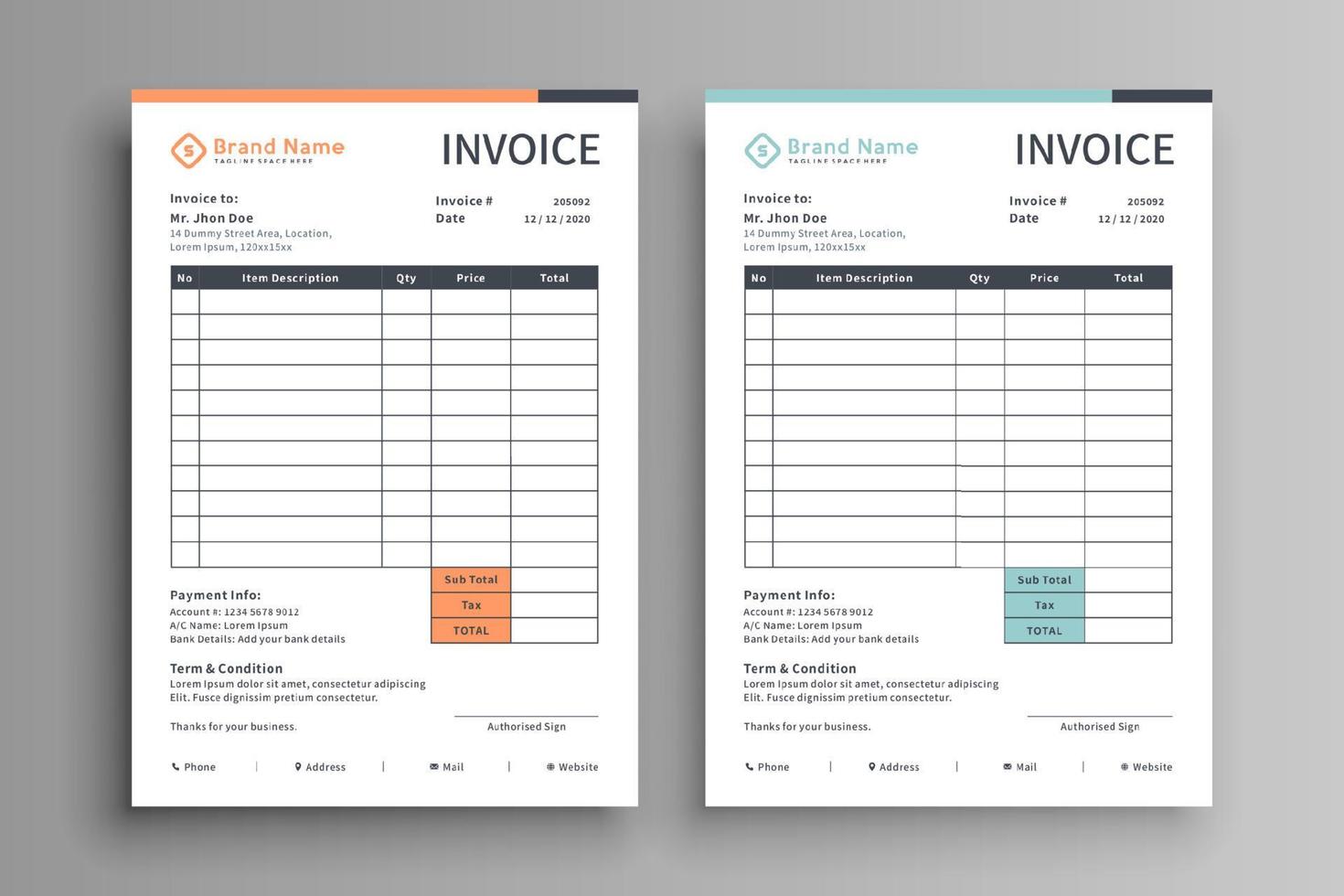 Set of two color invoice template vector