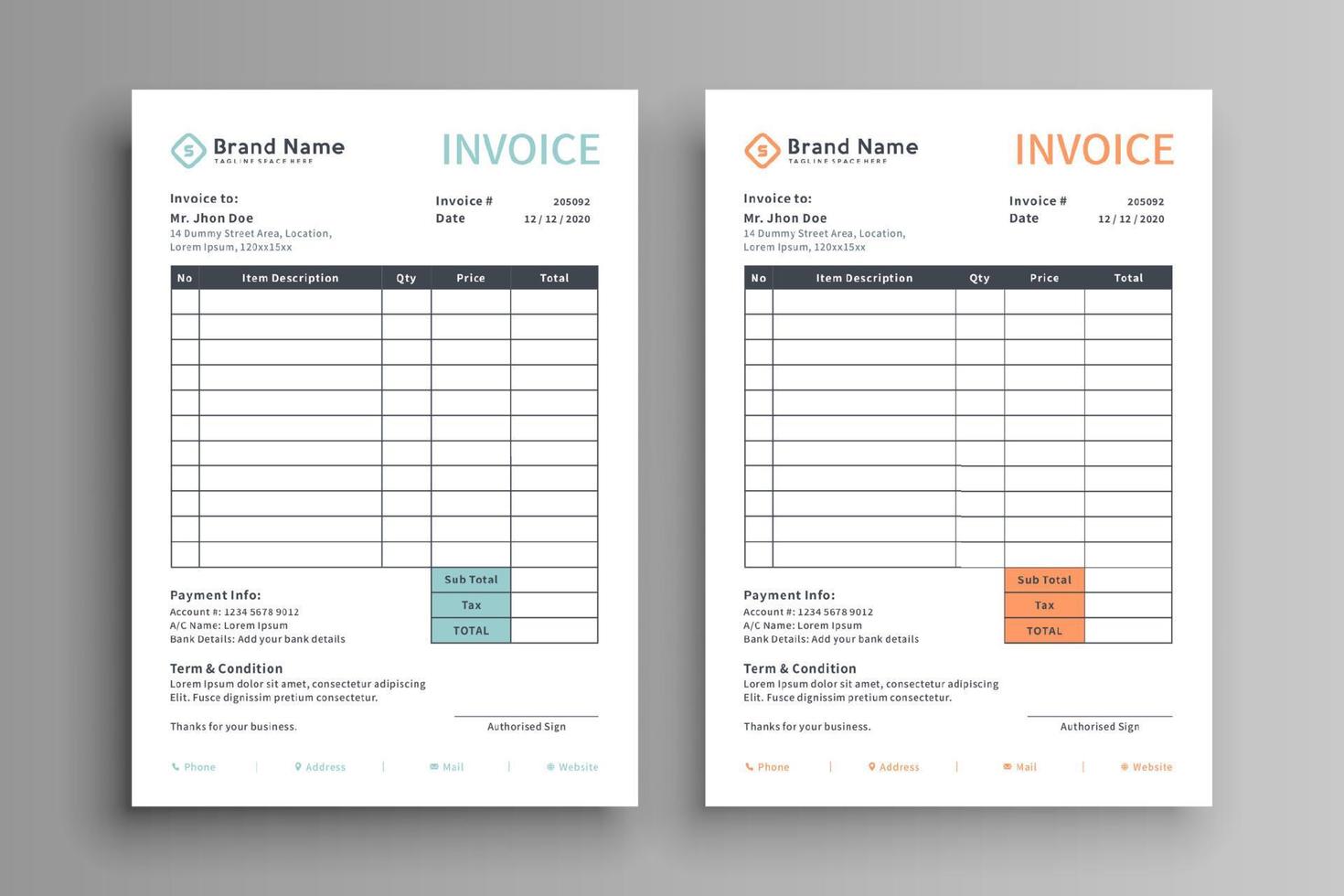 Set of two color invoice template vector