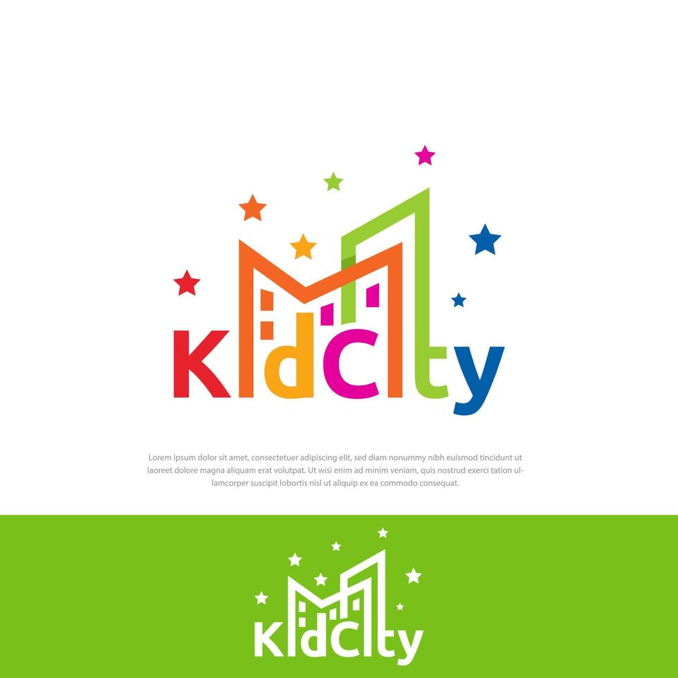 Kids city vector logo design element, colorful city decorated with stars