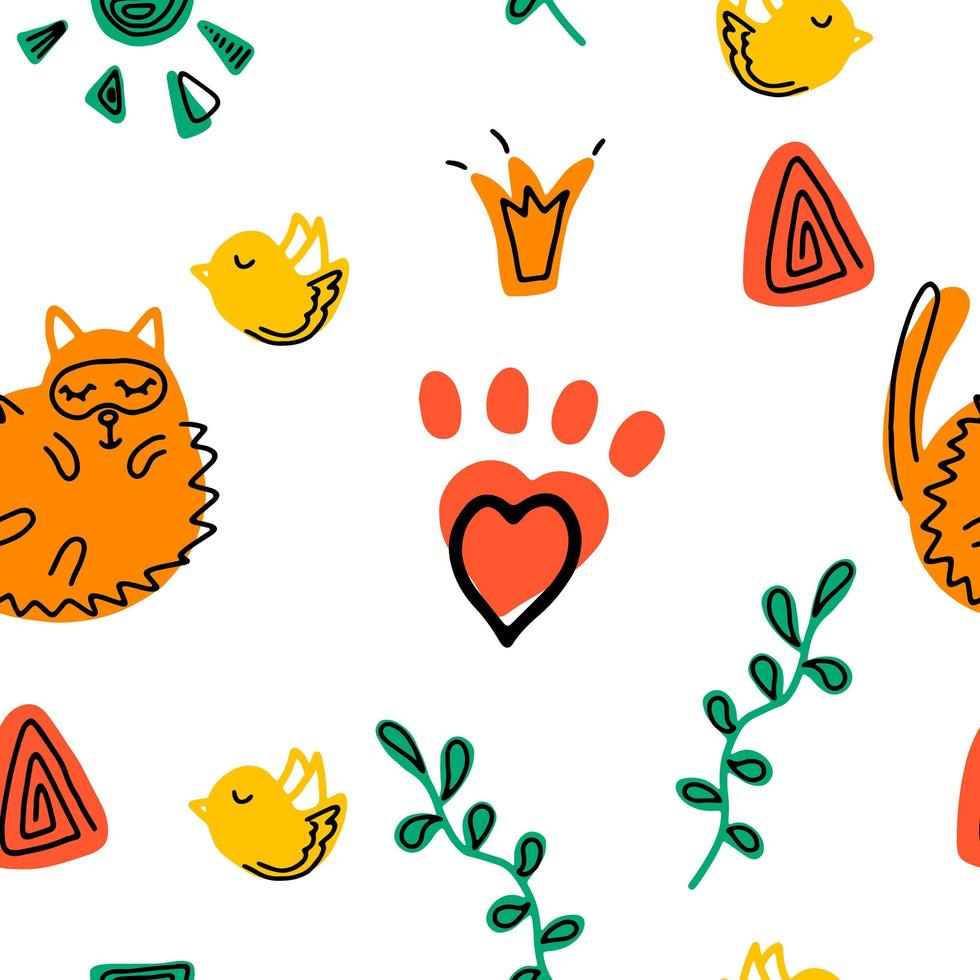 Seamless pattern with cute funny cats. Vector illustration. It can be print and used as wallpaper, packaging, wrapping paper, fabric and etc.
