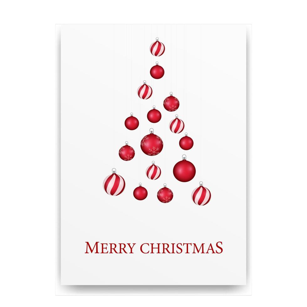feliz navidad, tarjeta de felicitación blanca con bolas de navidad en forma de árbol de navidad vector