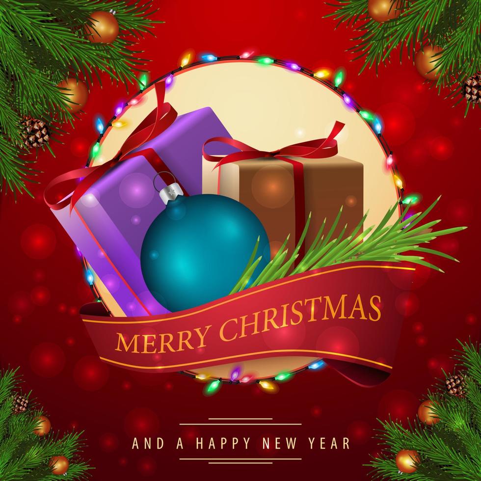 Merry Christmas and Happy New Year, red greeting card with garland and presents vector