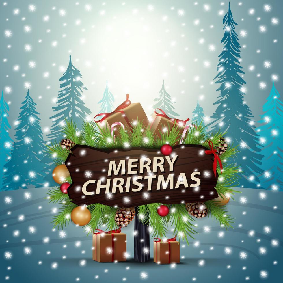 Merry Christmas, wooden pointer with frame of Christmas tree branches decorated with presents and candy canes on background of snow landscape vector