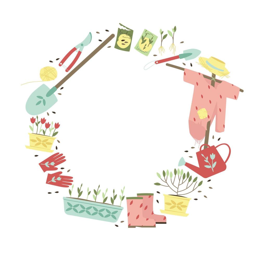 Lining with garden tools in a circular composition on a white background vector