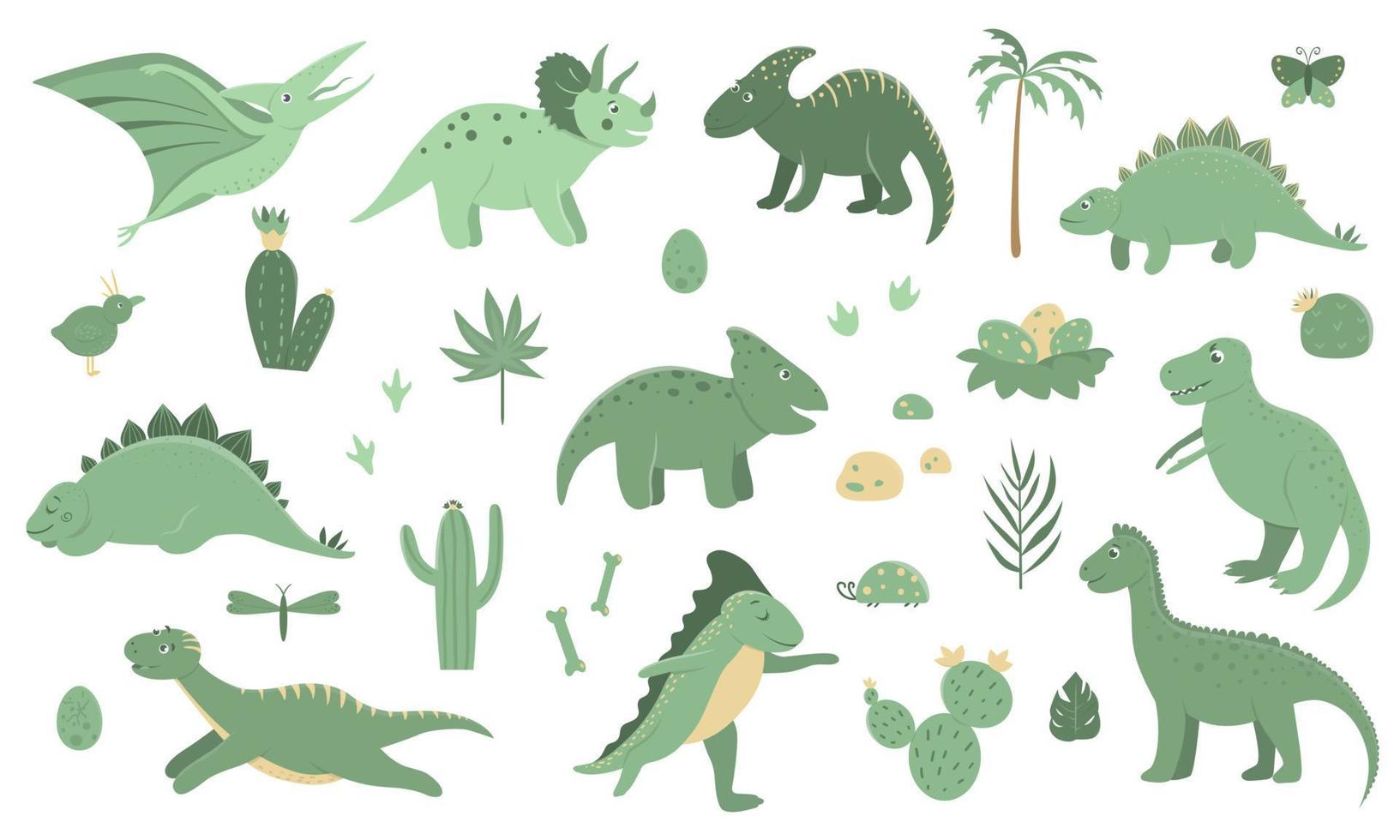 Vector set of cute green dinosaurs with palm trees, cactus, stones, footprints, bones for children. Dino flat cartoon character background. Cute prehistoric reptile illustration.