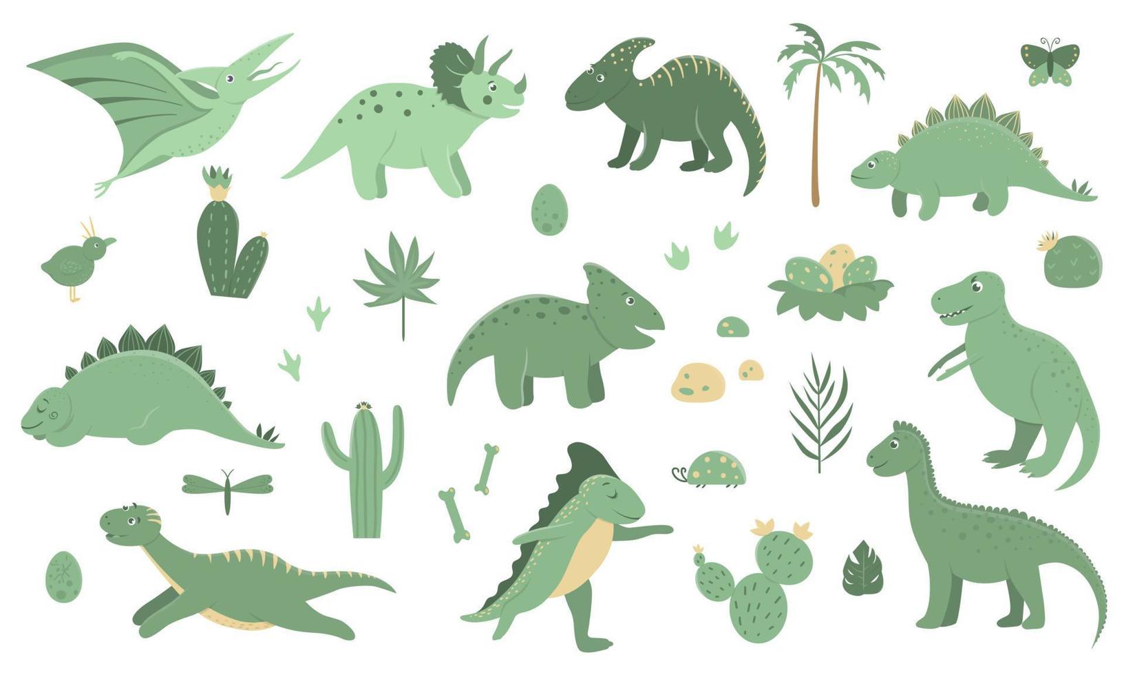 vector conjunto de lindos dinosaurios verdes con palmeras, cactus, piedras, huellas, huesos para niños. Fondo de personaje de dibujos animados plano de Dino. linda ilustración de reptiles prehistóricos.