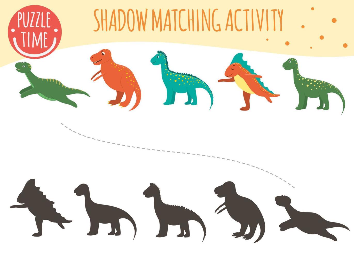 Shadow matching activity for children. Dinosaur topic. Cute funny smiling dinos. vector