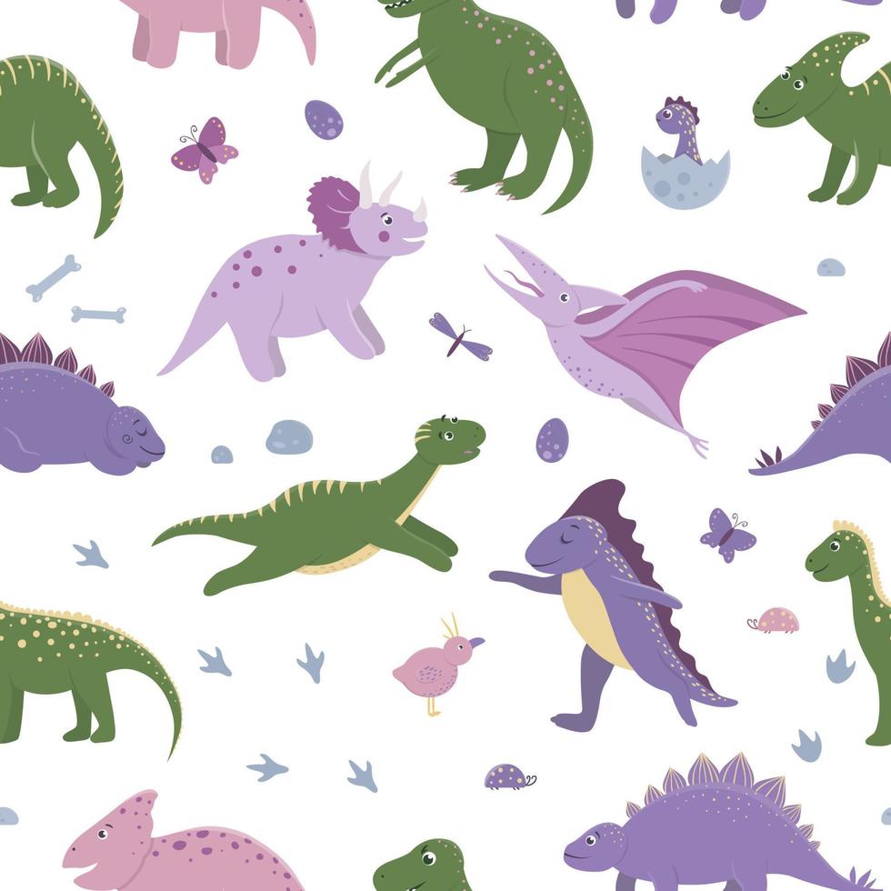 Patrón transparente de vector con lindos dinosaurios con nubes, huevos, huesos, pájaros para niños. Fondo de personajes de dibujos animados planos de Dino. linda ilustración de reptiles prehistóricos.