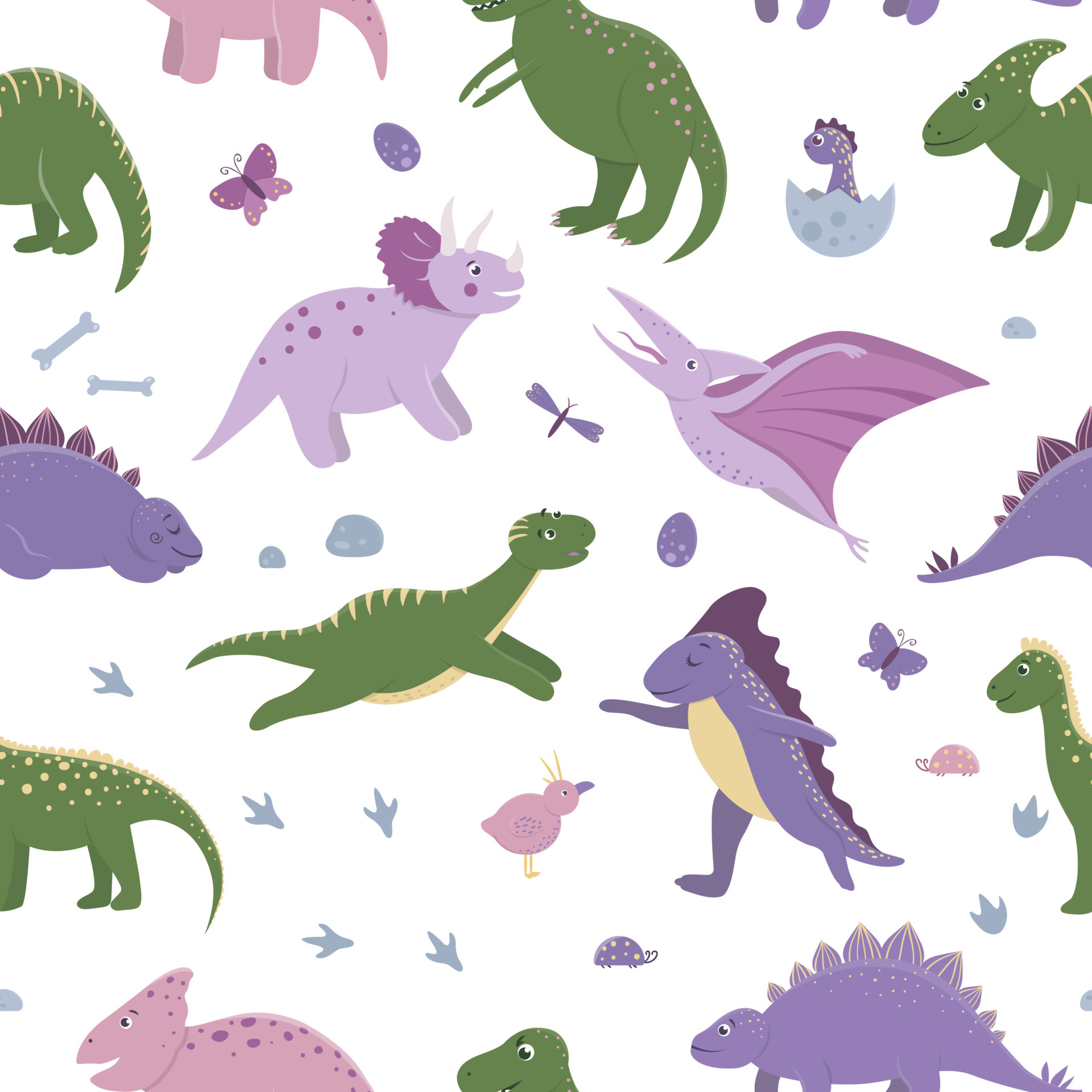 Vector seamless pattern with cute dinosaurs with clouds, eggs ...