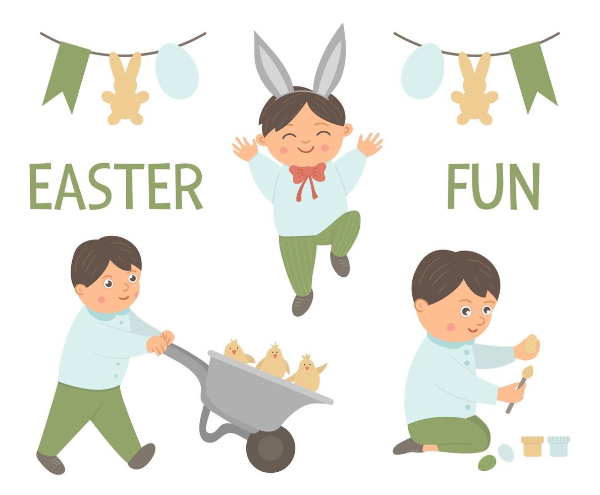 Vector set of a happy boy doing Easter activities. Spring funny illustration. Cute kid coloring egg, driving a wheelbarrow with chicks, jumping with joy.