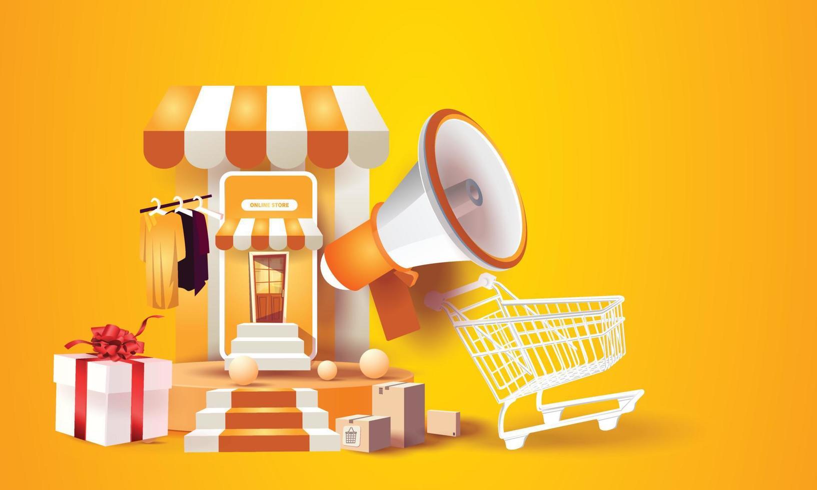 compras en línea en el teléfono comprar vender negocio digital web banner aplicación dinero publicidad pago comercio electrónico ilustración vectorial buscar vector