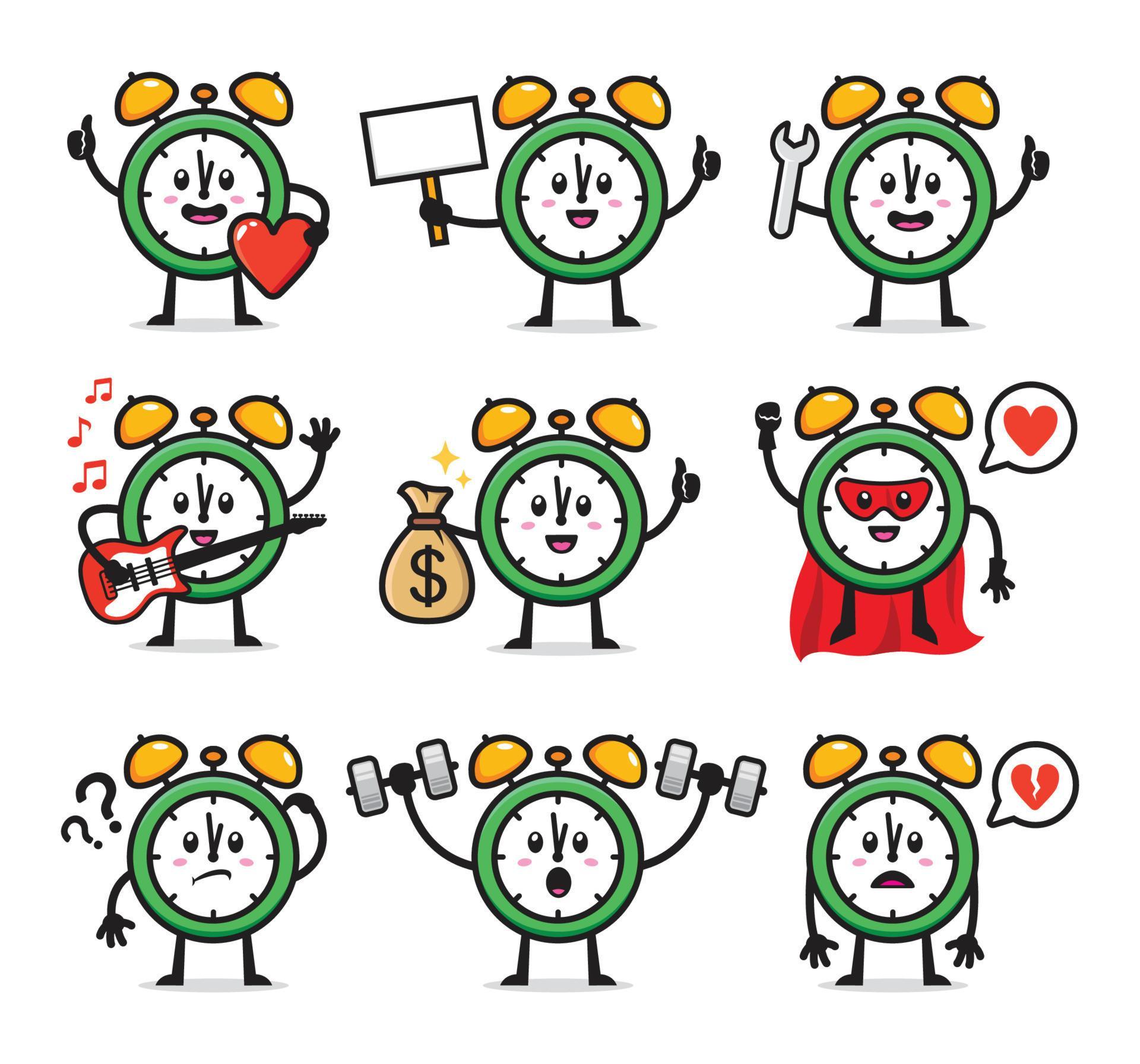 set of twin bell alarm clock character design 4299952 Vector Art at