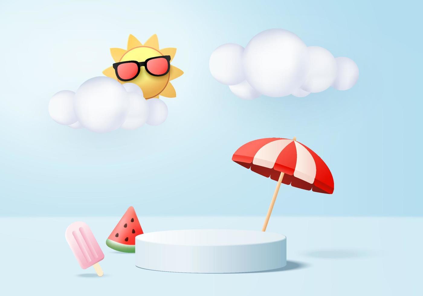 Escena del podio de la exhibición del producto del fondo del verano 3d con la plataforma de la nube. vector de verano de fondo render 3d con sol, helado, sandía en el podio. stand mostrar producto cosmético mostrar estudio azul