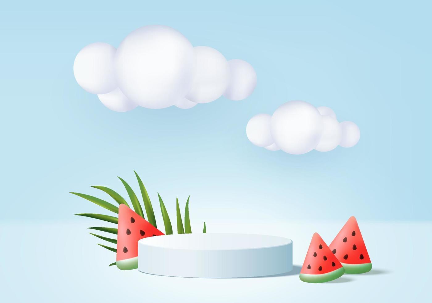 Escena del podio de la exhibición del producto del fondo del verano 3d con la plataforma de la nube. vector de verano de fondo render 3d con sol, helado, sandía en el podio. stand mostrar producto cosmético mostrar estudio azul