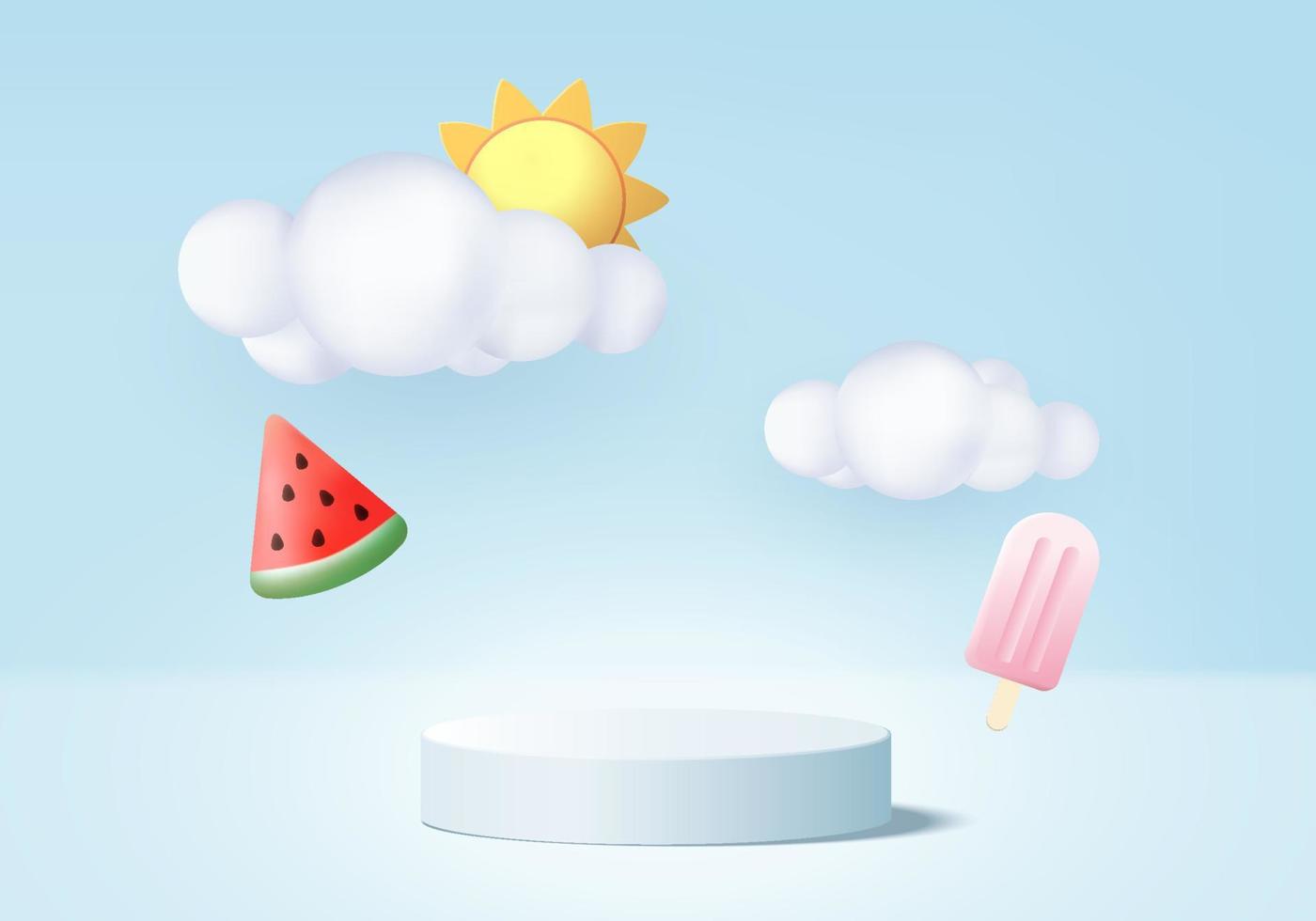 Escena del podio de la exhibición del producto del fondo del verano 3d con la plataforma de la nube. vector de verano de fondo render 3d con sol, helado, sandía en el podio. stand mostrar producto cosmético mostrar estudio azul