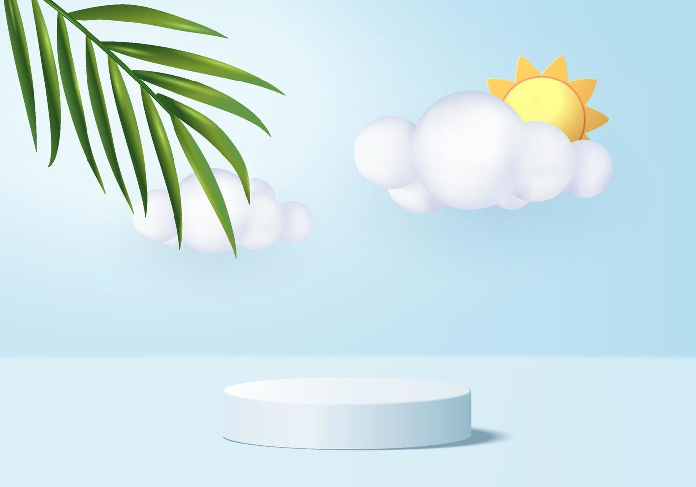 3d summer background product display podium scene with cloud platform. background summer vector 3d render with sun, leaf palm, watermelon on podium. stand show cosmetic product display blue studio