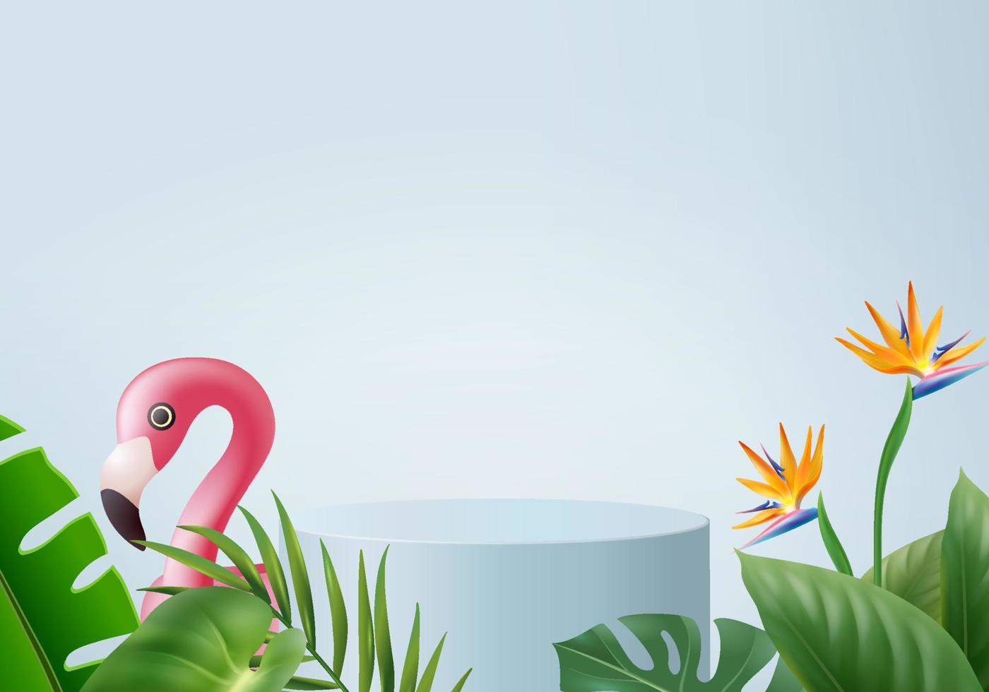 3d blue flamingo render for summer, background product display podium scene with green leaf geometric platform. background vector 3d render with podium. stand to show cosmetic product display studio