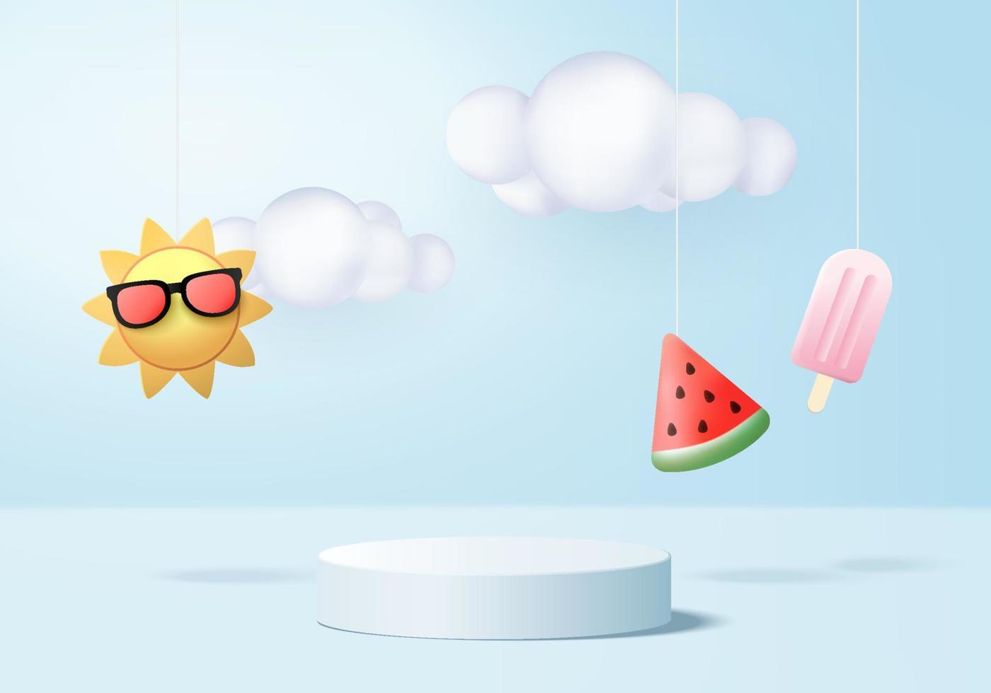 Escena del podio de la exhibición del producto del fondo del verano 3d con la plataforma de la nube. vector de verano de fondo render 3d con sol, helado, sandía en el podio. stand mostrar producto cosmético mostrar estudio azul