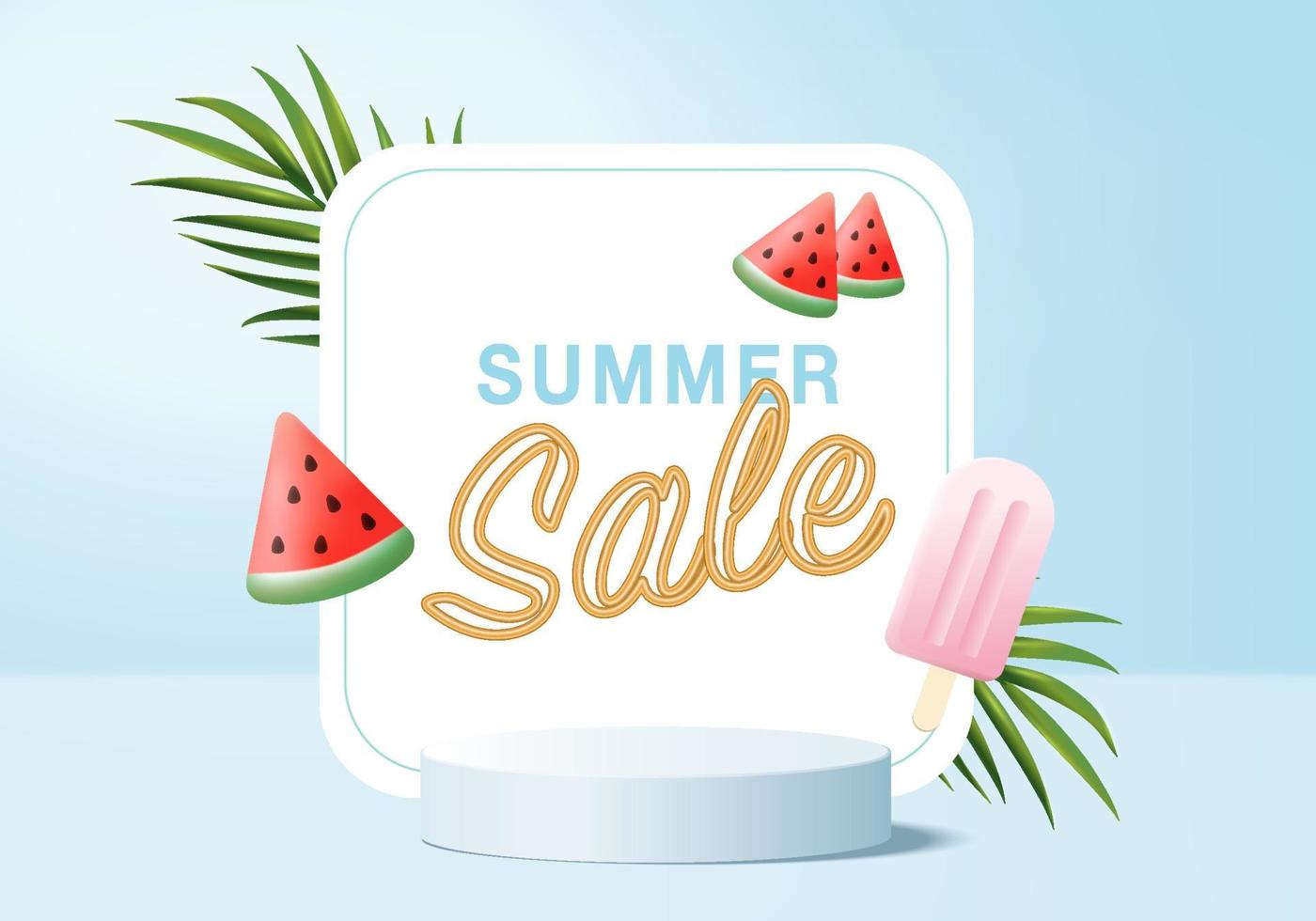 Escena del podio de la exhibición del producto del fondo del verano 3d con la plataforma de la nube. vector de verano de fondo render 3d con sol, helado, sandía en el podio. stand mostrar producto cosmético mostrar estudio azul