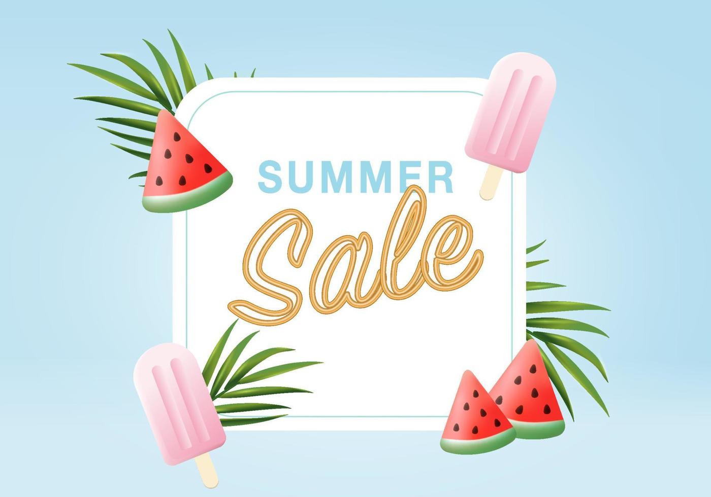3d summer background product display podium scene with cloud platform. background summer vector 3d render with sun, ice cream, watermelon on podium. stand show cosmetic product display blue studio