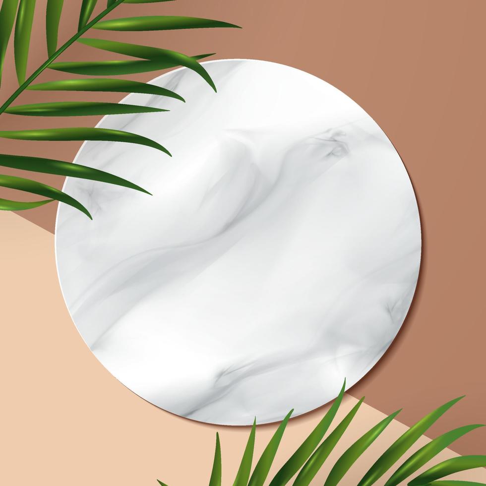 Vector de fondo de venta tropical de verano 3d. vista superior en hojas de palmera, hoja de monstera, fondo 3d beige para impresiones enmarcadas en la pared, impresiones en lienzo, póster, telón de fondo tropical. insignia promocional de banner para vacaciones