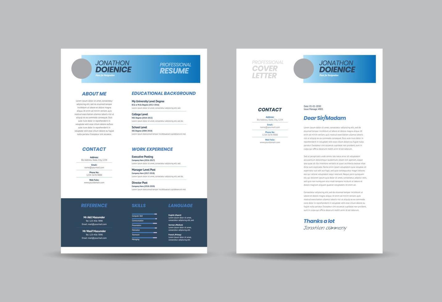 Curriculum vitae CV Resume Template Design or Personal Details for Job Application vector