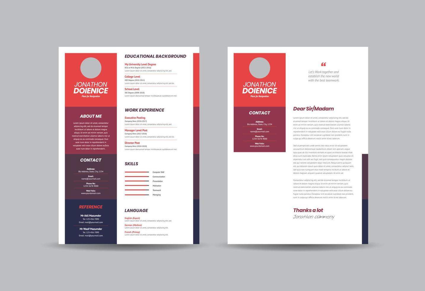 Curriculum vitae CV Resume Template Design or Personal Details for Job Application vector