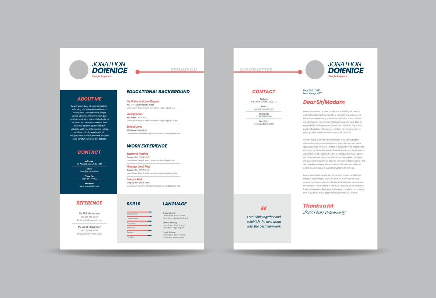 Curriculum vitae CV Resume Template Design or Personal Details for Job Application vector