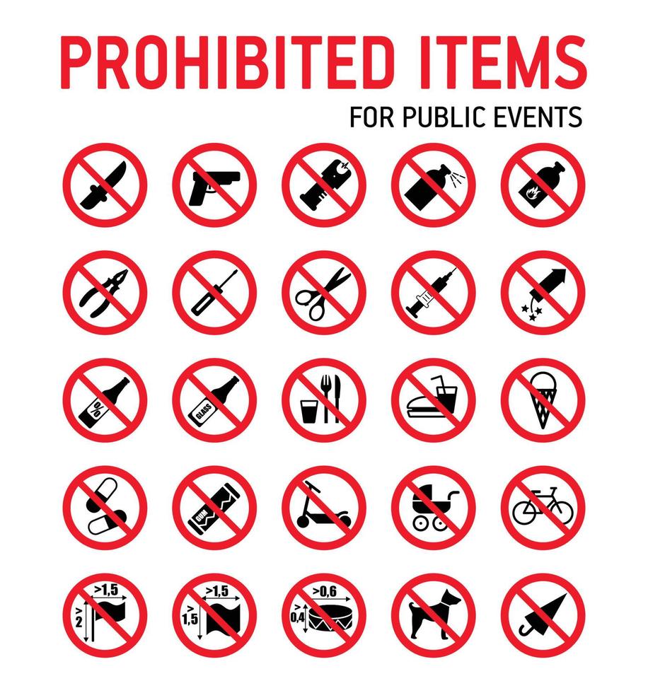 Prohibition signs collection security control in stadium during mass events. vector