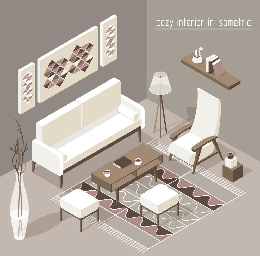 Living room isomertic detailed set graphic illustration in scandinavian style vector