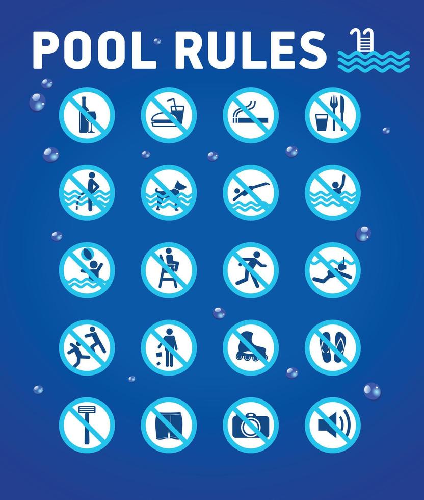 Swimming pool rules on blue with desihn elements-waterdrops. Set of icons and symbol for pool. vector