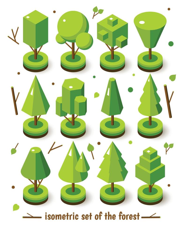 Isometric vector bright tree set. Landscape constructor kit. Different trees for make nature design.