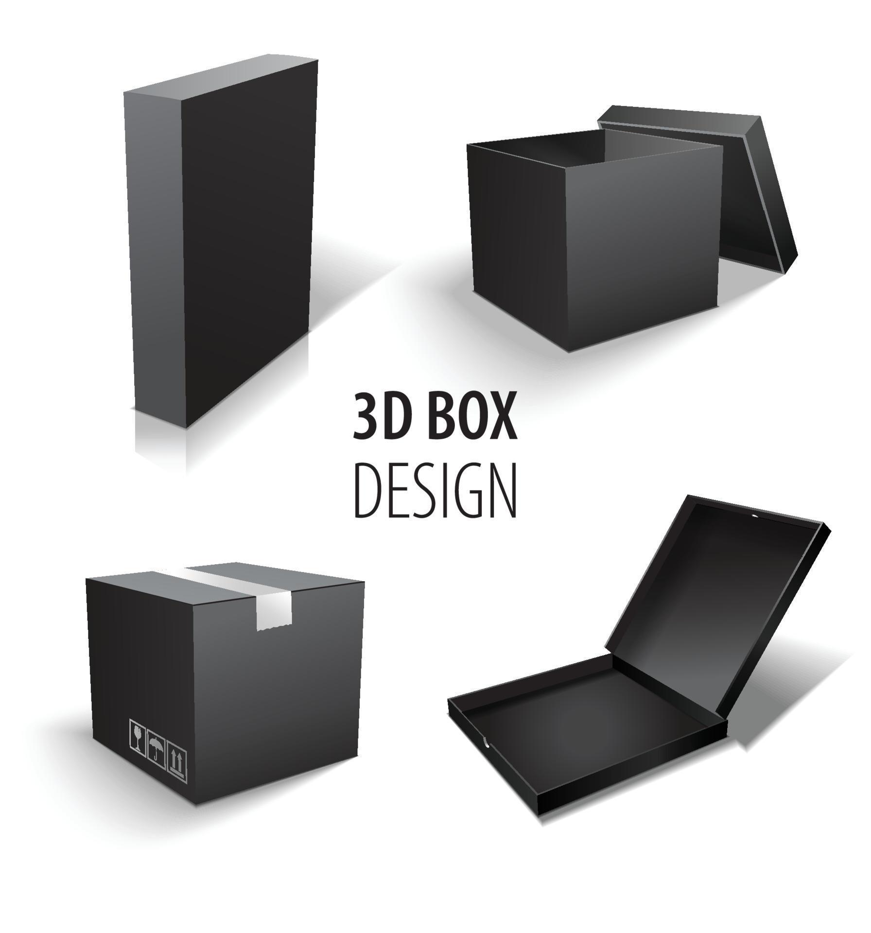 Carton packaging 3d black box set. Delivery set of different sized