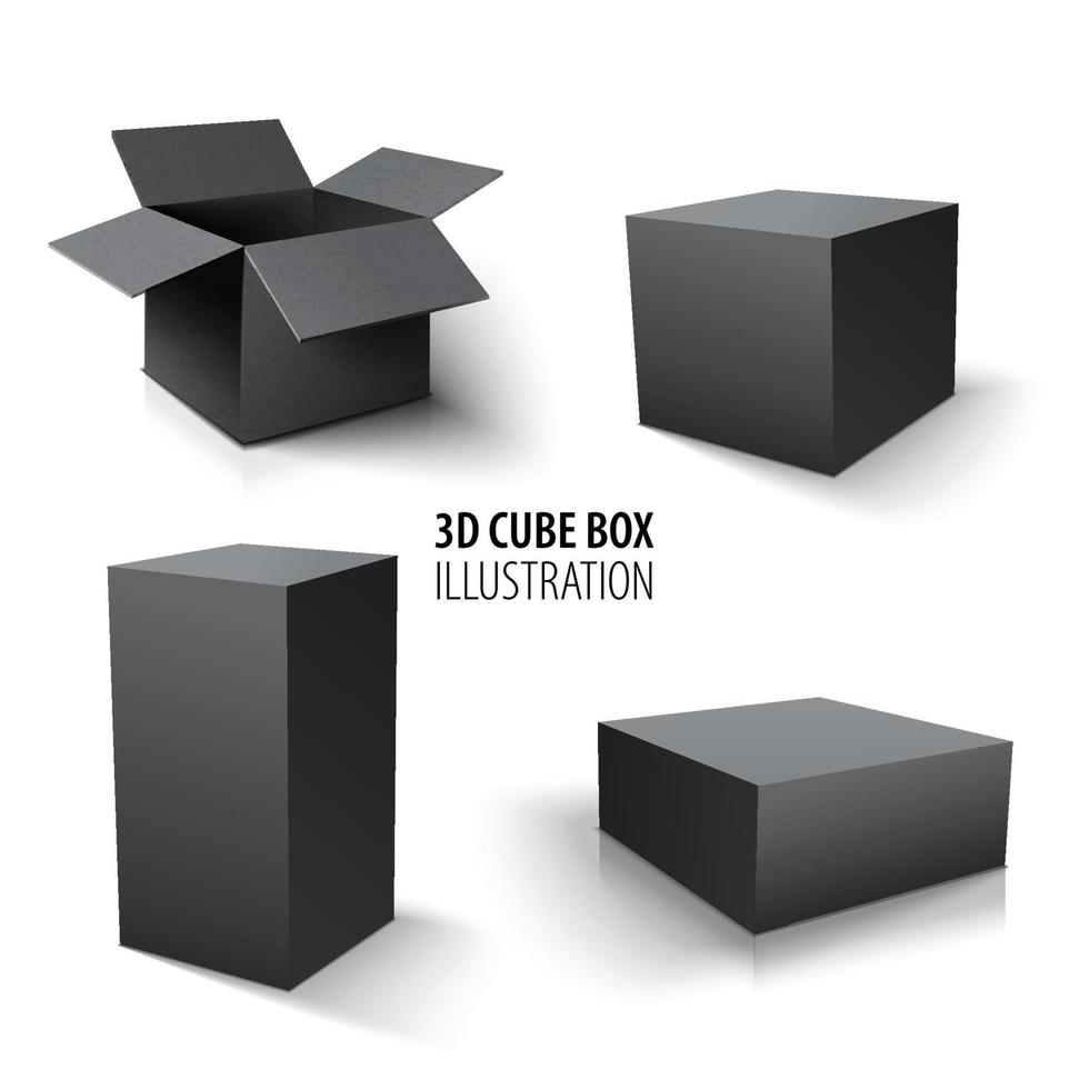 Carton packaging 3d black box and cube set. Set of open cardboard boxes and cube on white background. vector