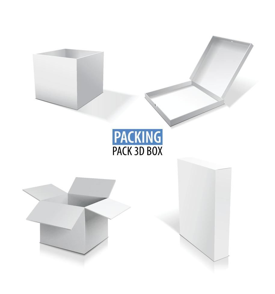 Realistic white vector opened and closed blank box set illustration with shadows.