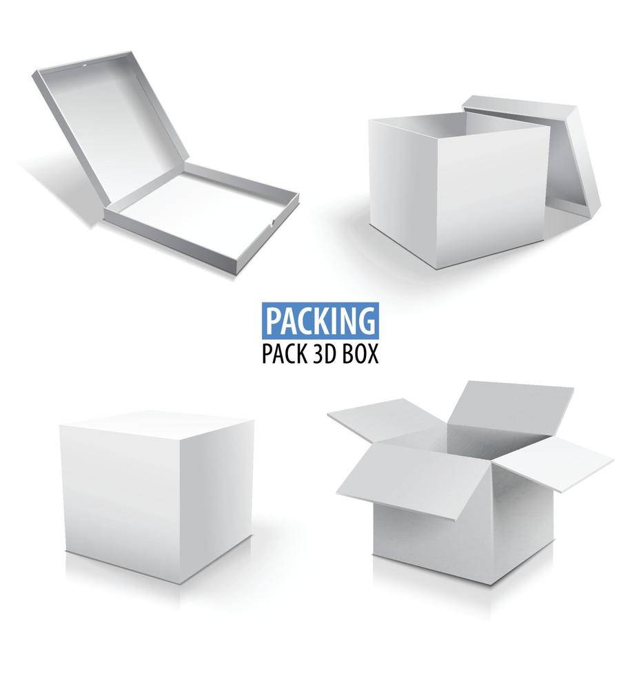 Carton packaging white 3d box. Brown delivery set of different sized packages with postal signs of fragile. Set of closed and open cardboard boxes on white background. vector