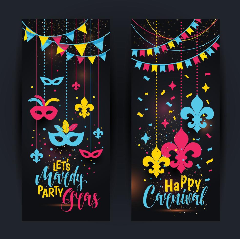 pancartas verticales de colores de Mardi Gras con una máscara y flor de lis, aisladas sobre fondo negro. ilustración vectorial. vector