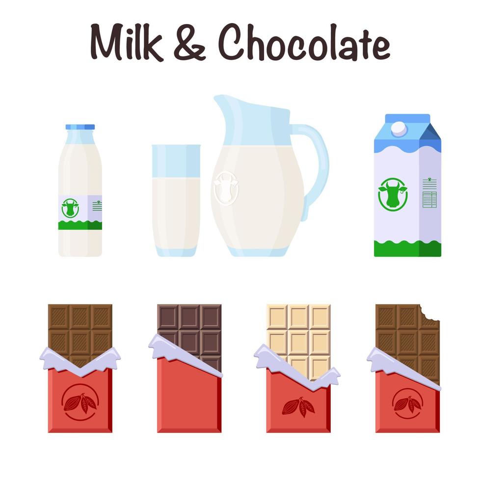 iconos de barras de chocolate y leche. estilo plano. colección de caramelos en envoltorio abierto y papel de aluminio y productos lácteos en diferentes paquetes para logotipo, pegatina, impresión, receta, menú, decoración y decoración vector